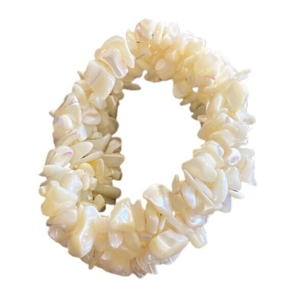 VTG Sea Shell Iridescent Pearl Bracelet Womens Pull On Elastic Summer Resortwear - Picture 2 of 4